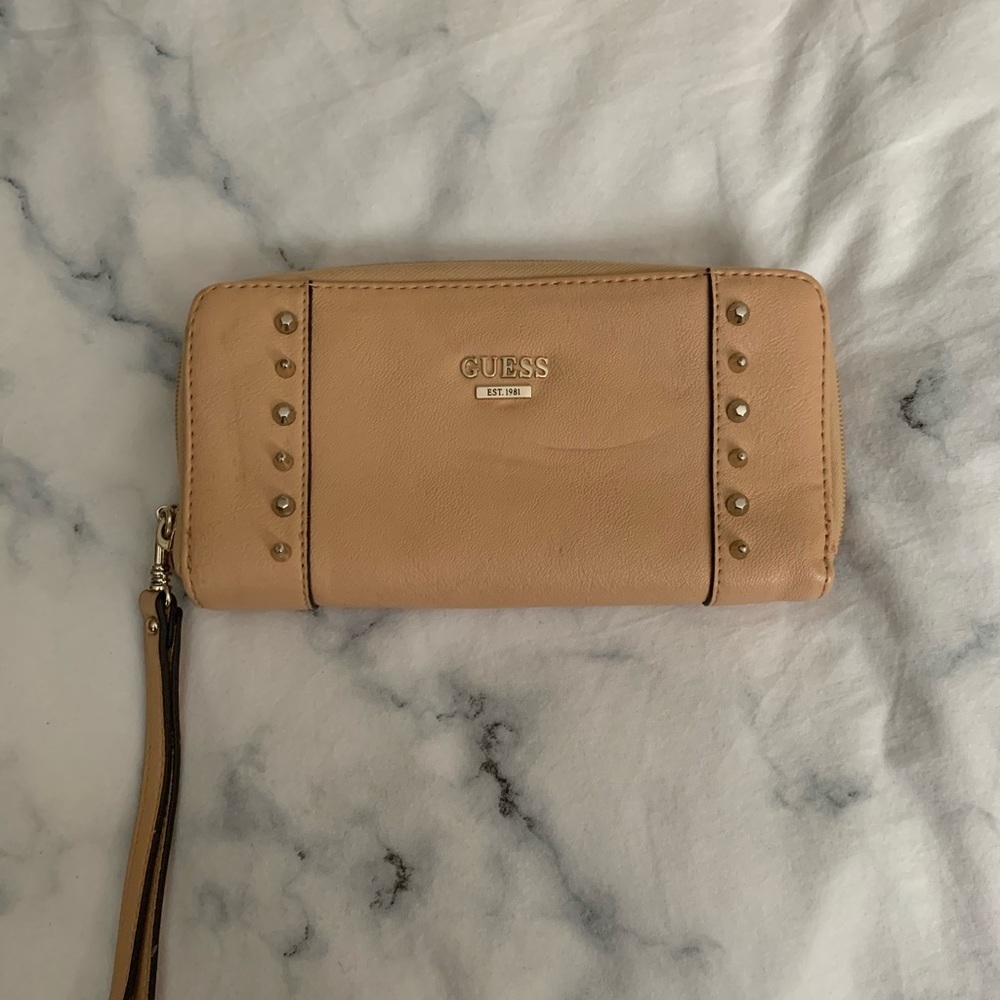 Guess  Tan Studded and Zippered Wristlet